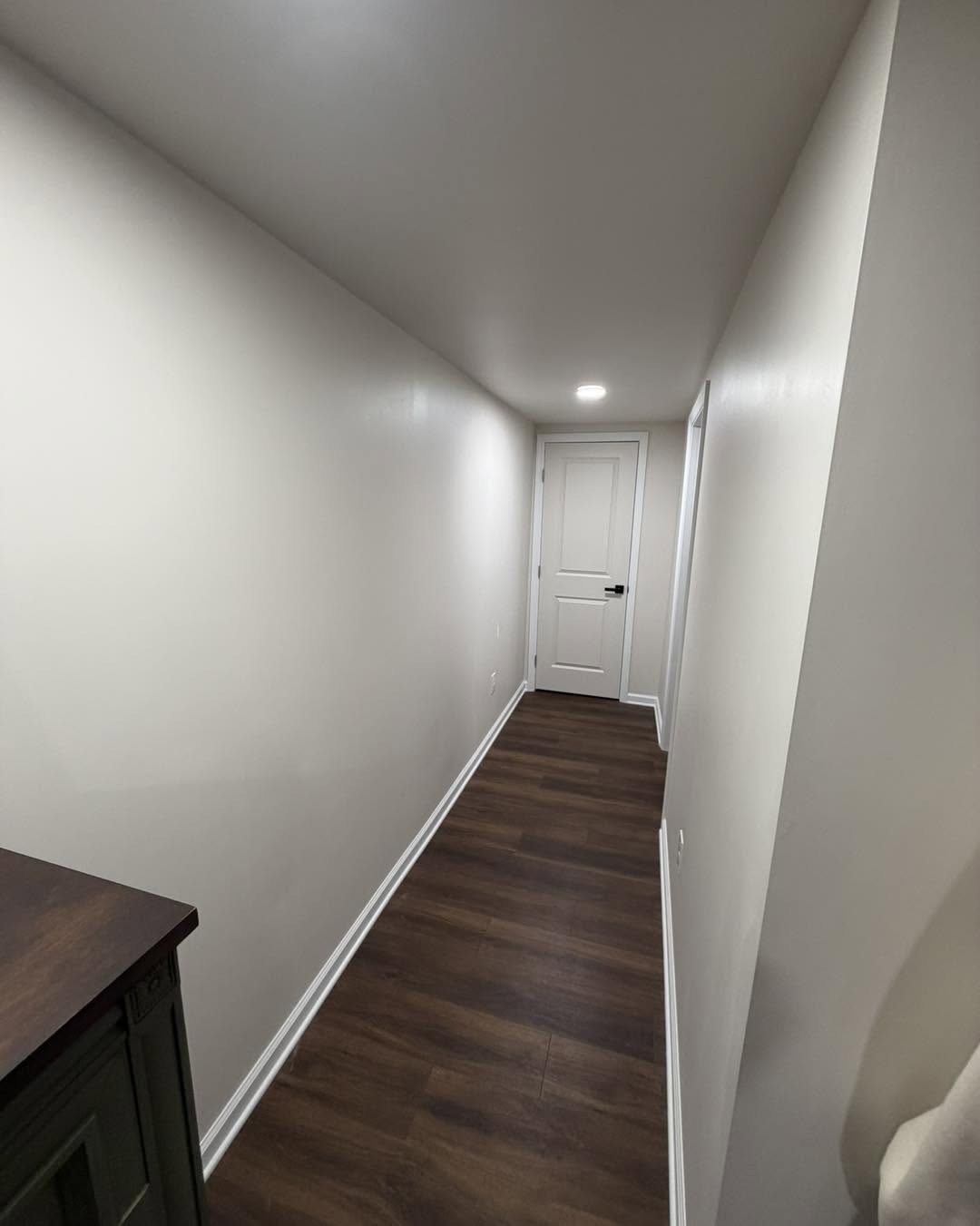 Finished basement hallway with dark plank flooring