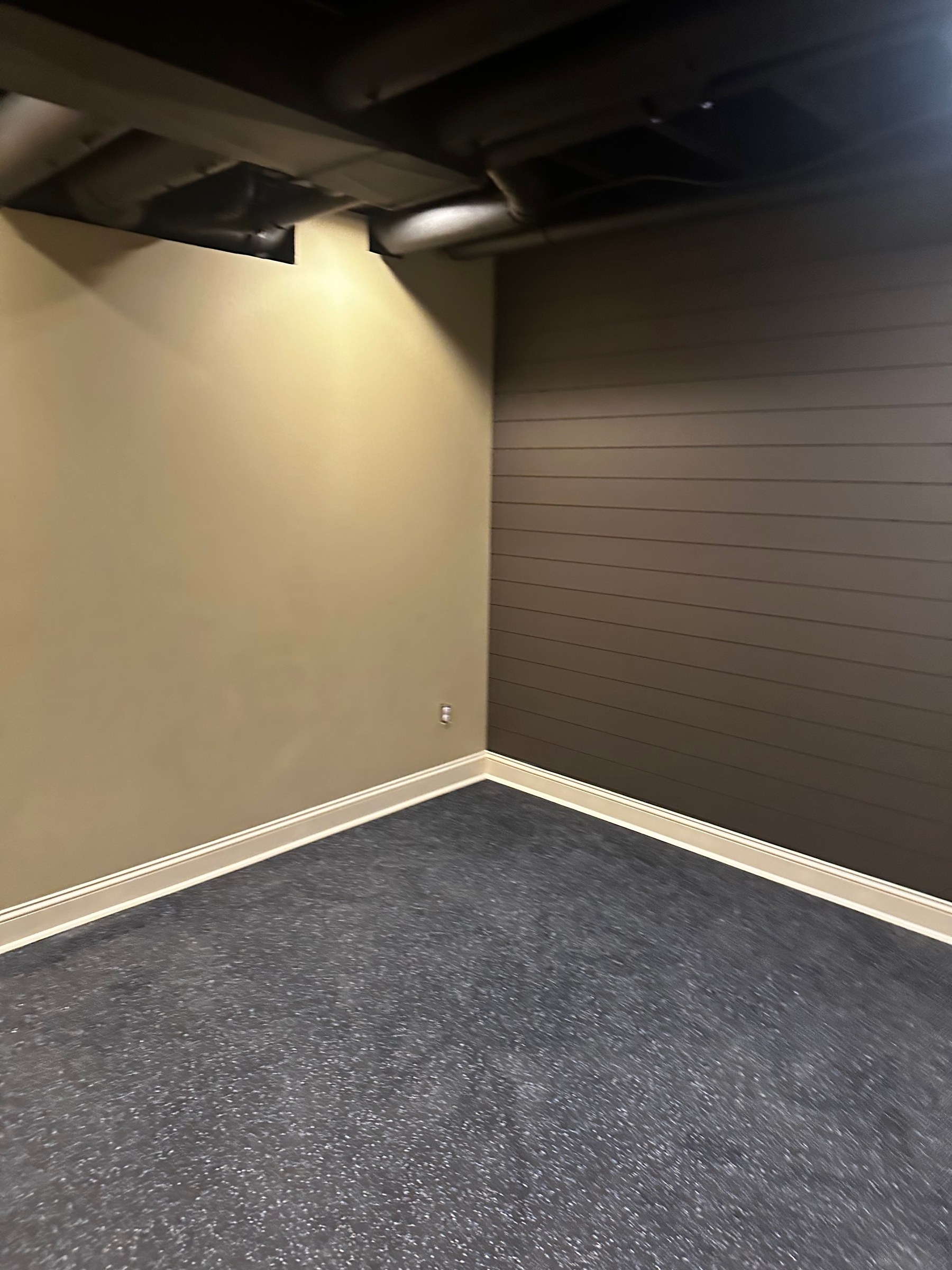 Finished Dublin basement gym area with open ceiling, paneled accent wall, and speckled flooring